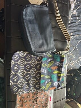 thirty-one Black Crossbody Bag with Striped Strap and Patterned Pouches